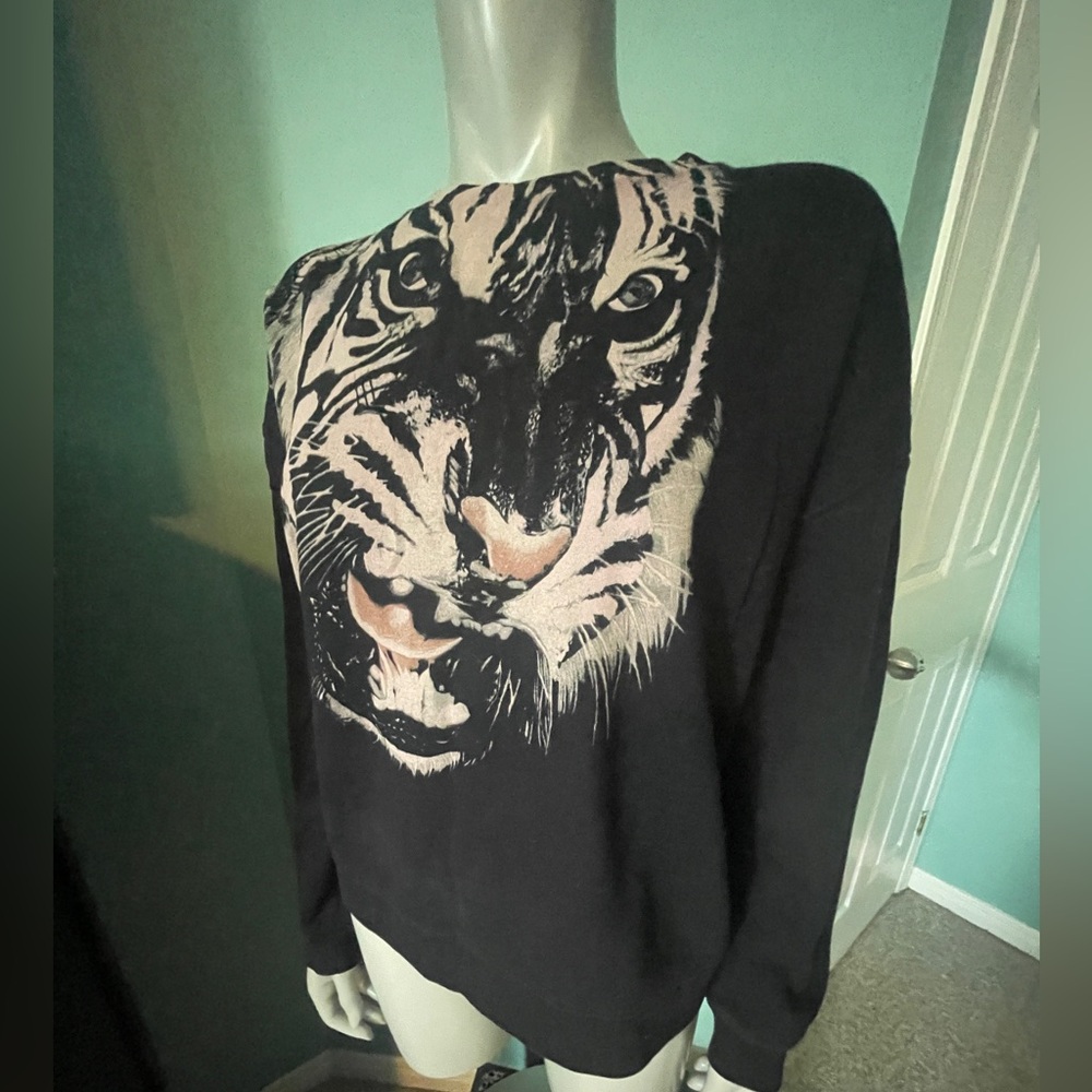 All Saints Black Crewneck Sweater with Tiger Men’s Small- 100% Silk Back Panel